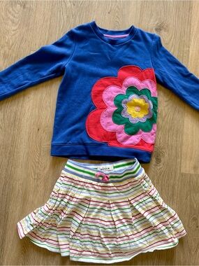 Boden Girls Blue Sweatshirt with Colorful Flower Appliqué & Striped Skort